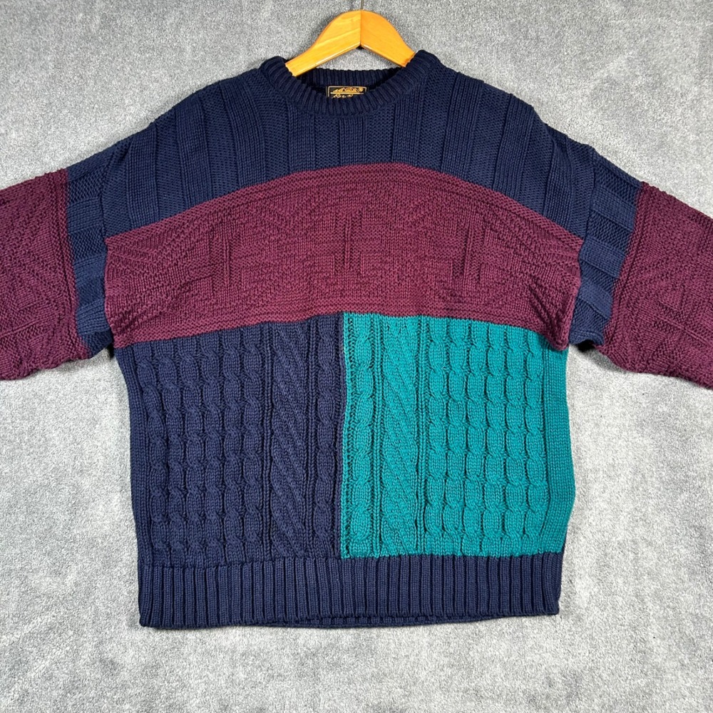 VTG Eddie Bauer Cable Knit Sweater Colorblock Navy Teal Burgundy Men XL Made USA - Picture 7 of 13